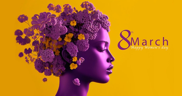 Generiert von AI, Komposition der Silhouette eines Frauenkopfes mit Blumen in Lila auf gelbem Hintergrund