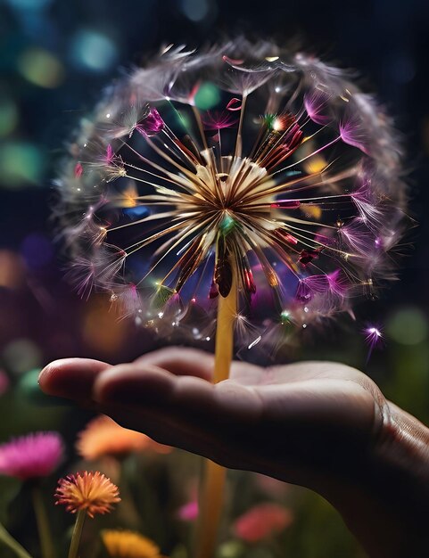 Se generó una foto en primer plano de una mano sosteniendo un diente de león