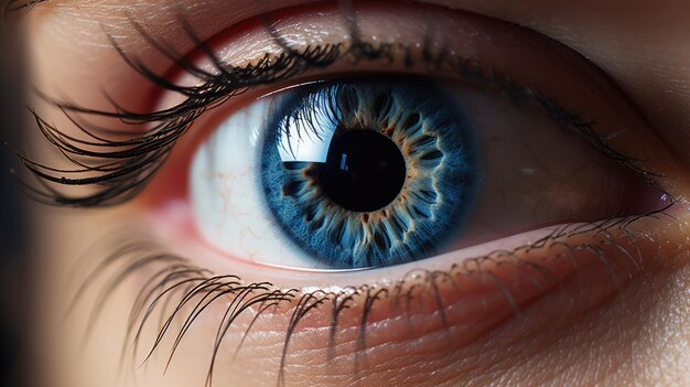 Se generó una imagen macro del ojo humano y el ojo azul de la mujer en primer plano.