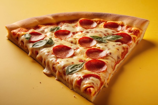 Se generó una rebanada de pizza de pepperoni sobre un fondo amarillo.