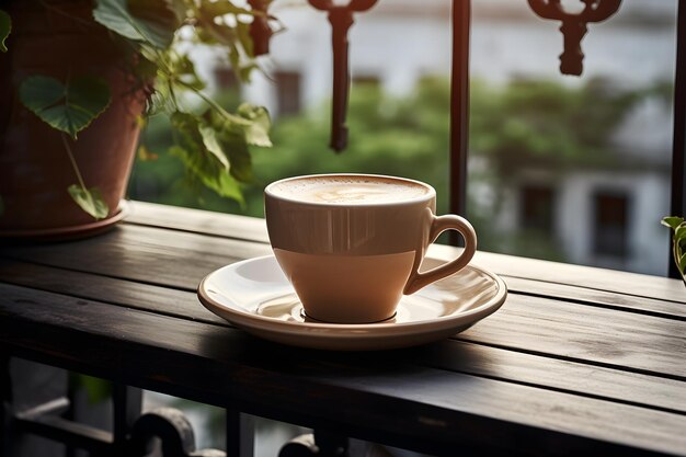 Una generosa taza de café en una bandeja de madera