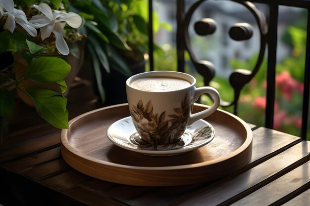 Una generosa taza de café en una bandeja de madera