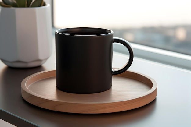 Una generosa taza de café en una bandeja de madera