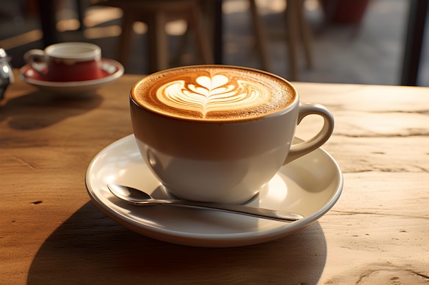 Una generosa taza de café en una bandeja de madera