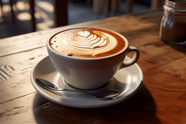 Una generosa taza de café en una bandeja de madera