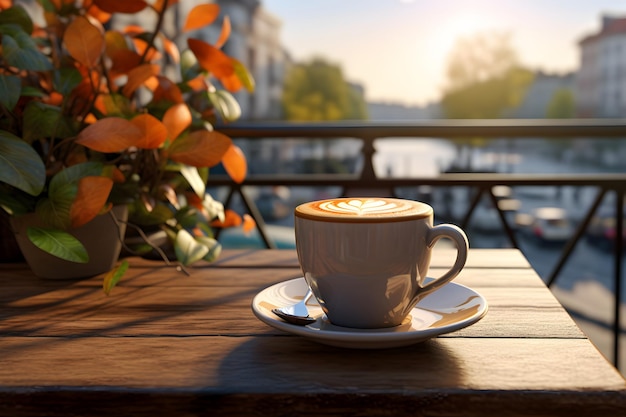 Una generosa taza de café en una bandeja de madera