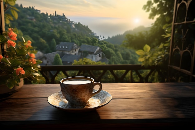 Una generosa taza de café en una bandeja de madera