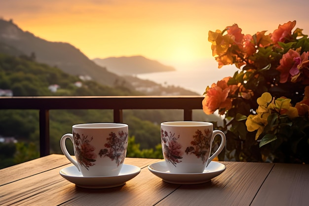 Una generosa taza de café en una bandeja de madera