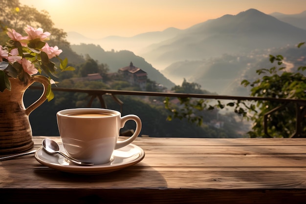 Una generosa taza de café en una bandeja de madera