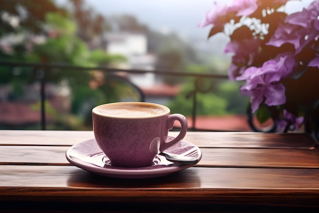 Una generosa taza de café en una bandeja de madera