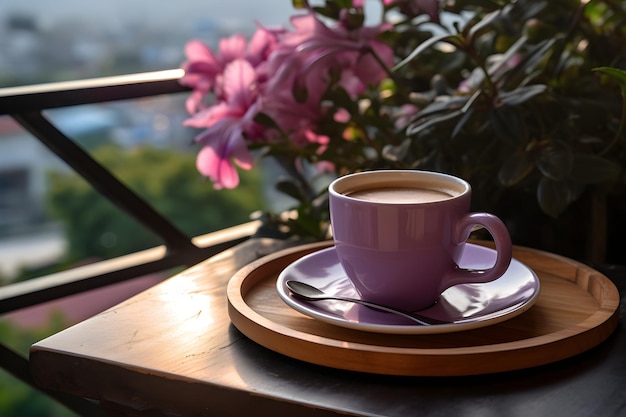 Una generosa taza de café en una bandeja de madera