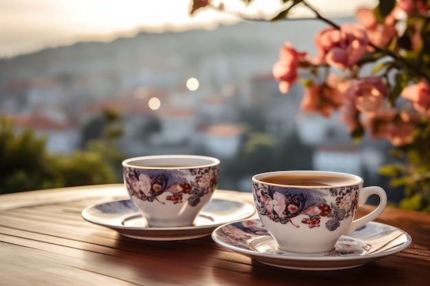 Una generosa taza de café en una bandeja de madera