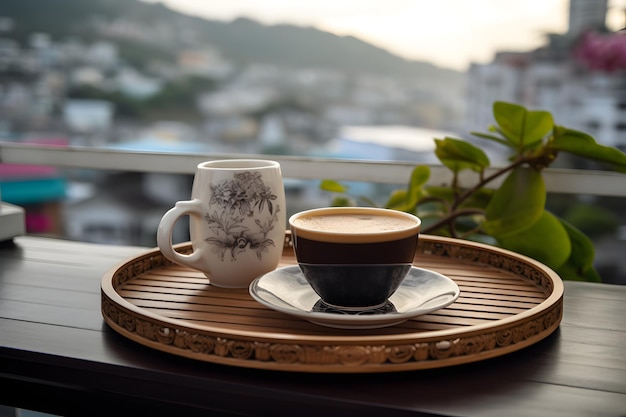 Una generosa taza de café en una bandeja de madera