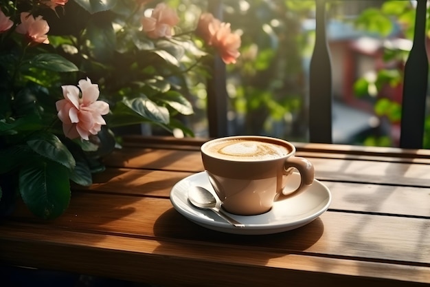 Una generosa taza de café en una bandeja de madera