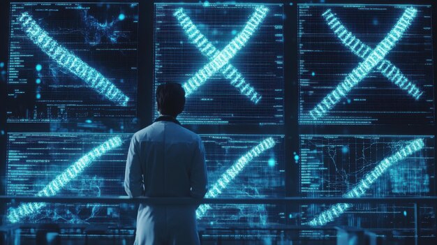 Un genetista programando la IA para predecir mutaciones genéticas con representaciones visuales