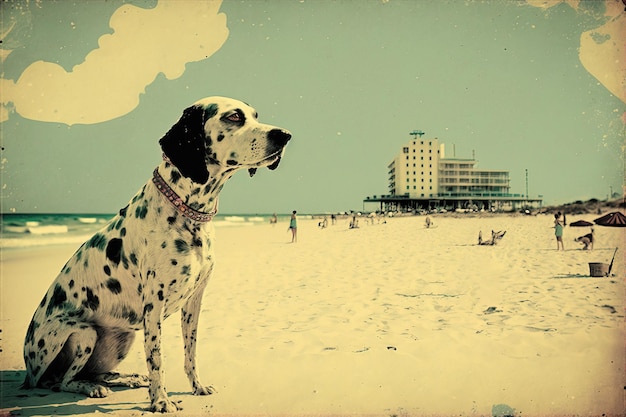 Genial aspecto vintage antiguo de un perro en una playa