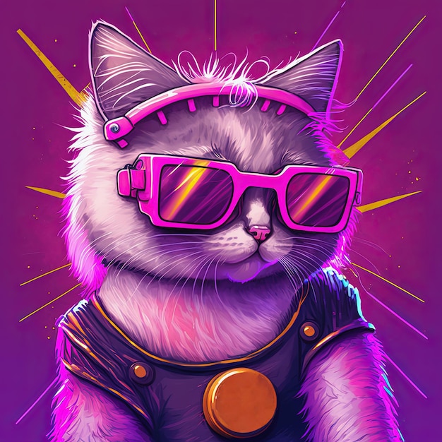 Genial gato fiestero de neón con gafas de sol IA generativa No se basa en ninguna escena real