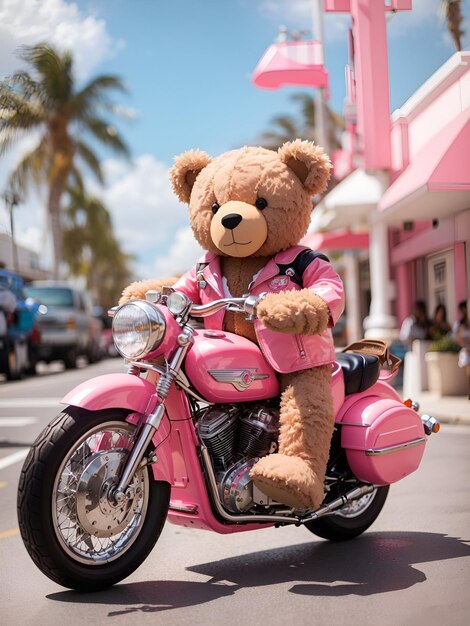 Un genial osito de peluche con una bicicleta rosa recorriendo las vibrantes calles de Ocean Drive Avenue.