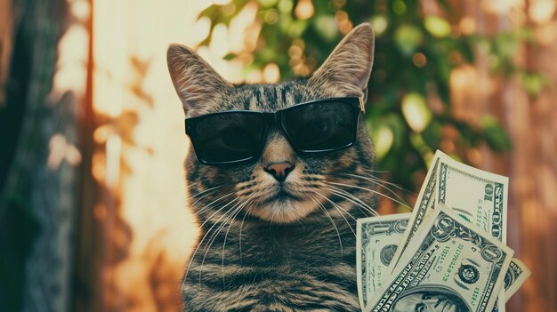 Genial, rico y exitoso gato hipster con gafas de sol y dinero en efectivo AI Generative