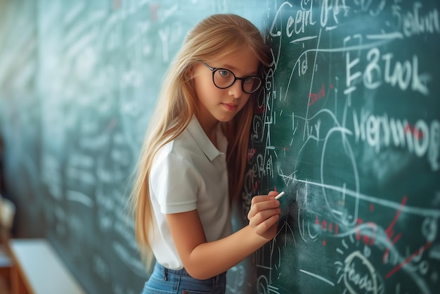 Geniales Schulmädchen löst Gleichungen an einer Tafel
