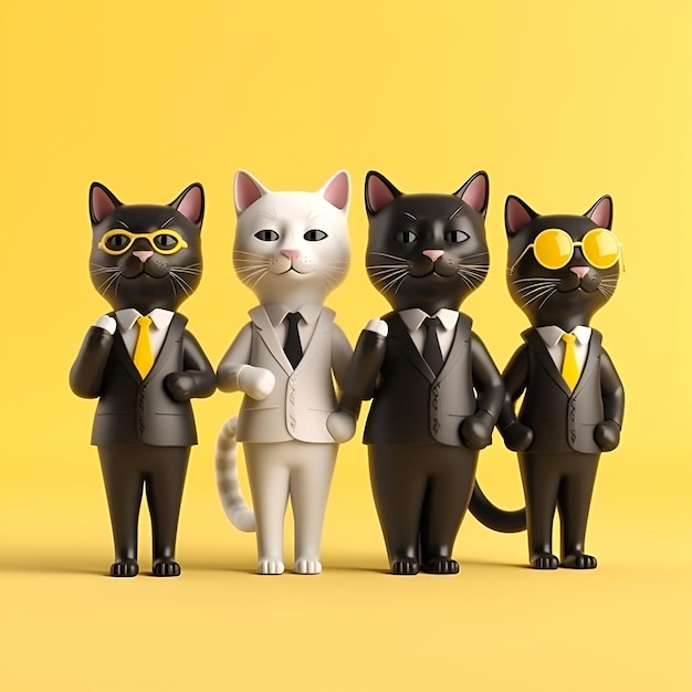 Geniales socios comerciales gatos sobre fondo amarillo contenido generado por IA