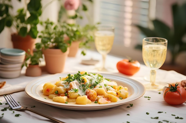 Genießen Sie das Frühstück zu Hause am Morgen mit gebackenem Gnocchi Alfredo auf dem Holztisch