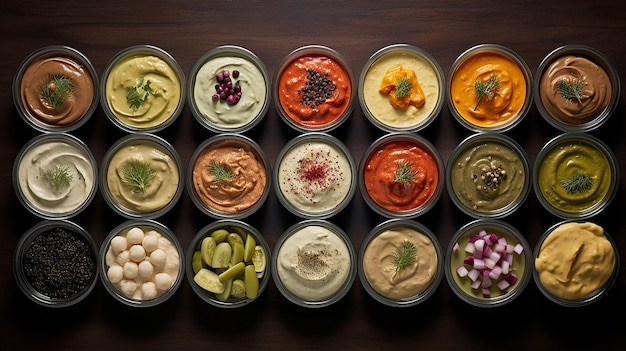 Genießen Sie das Hummus-Sortiment in einem fesselnden Bild