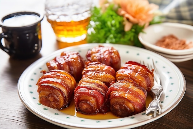 Genießen Sie das Mittagessen im gemütlichen Esszimmer mit Bacon-Wrapped Filets auf dem Holztisch