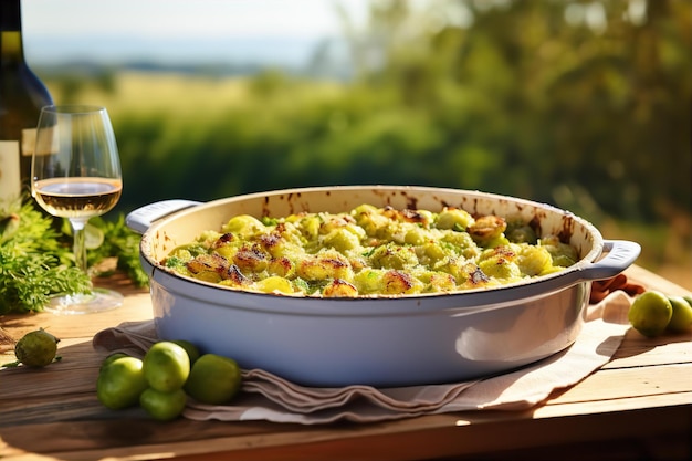 Genießen Sie das Mittagessen im Naturgarten mit Brüsseler Kürbisse und Trinken auf dem Holztisch