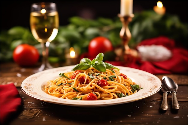 Foto genießen sie das weihnachtsessen zu hause mit carprese hühnerpasta und soda mit weihnachtendekoration