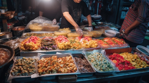 Genießen Sie die Aromen. Lebendige Streetfood-Szene mit Pastell, das in festlicher Atmosphäre verkauft wird