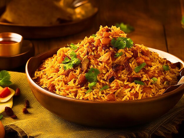 Genießen Sie die reichen Aromen unserer Biriyani, die perfekt in einem atemberaubenden Filmbild eingefangen wurden.