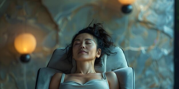 Genießen Sie die Ruhe Eine friedliche asiatische Frau in einem Massagestuhl Konzept Entspannungsatmosphäre Spa-Erfahrung Ruhige Atmosphäre Erholende Wellness Ruhe Momente