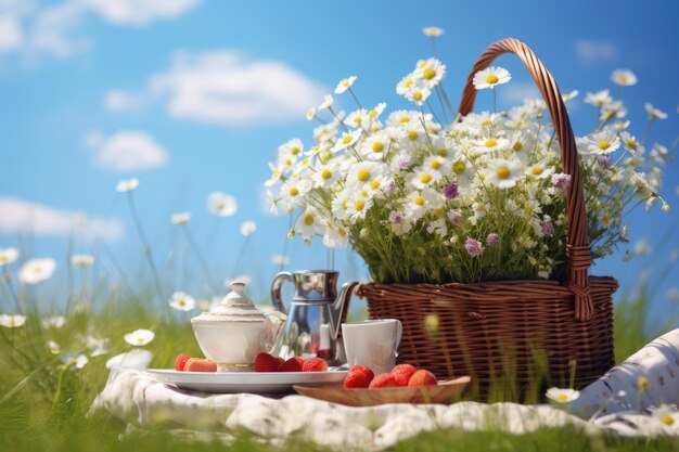 Genießen Sie ein entzückendes Erlebnis im Freien, umgeben von der Schönheit von Gänseblümchen und dem Geschmack reifer Erdbeeren. Picknicken auf einer Wiese unter dem sonnigen blauen Himmel, gefüllt mit Frühlingsblumen.