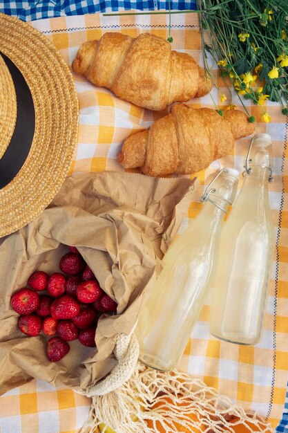 Genießen Sie ein Picknick mit Croissants, Erdbeeren, Limonade auf einer karierten Decke