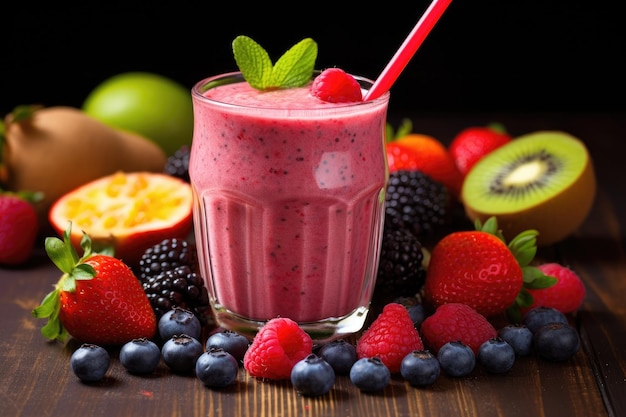 Genießen Sie einen köstlichen und nahrhaften Frucht-Smoothie mit einer Auswahl an frischen Beeren, saftigen Kiwis, würzigen Orangen und cremigen Kiwis.