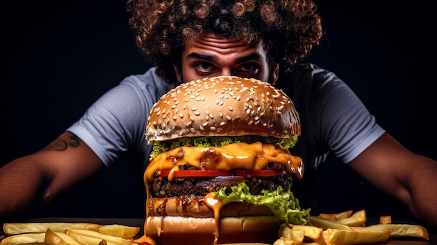 Foto genießen sie einen saftigen burger-mann, der ein köstliches fast-food-menü genießt