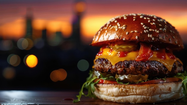 Genießen Sie einen veganen Cheeseburger mit Blick auf die Stadt, komplett mit verkohltem Patty und Käse