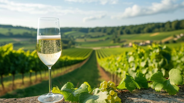 Genießen Sie hochwertigen sprudelnden Champagner aus den besten Weinbergen Frankreichs mit Blick auf üppige Pinot noir und Meunier Trauben