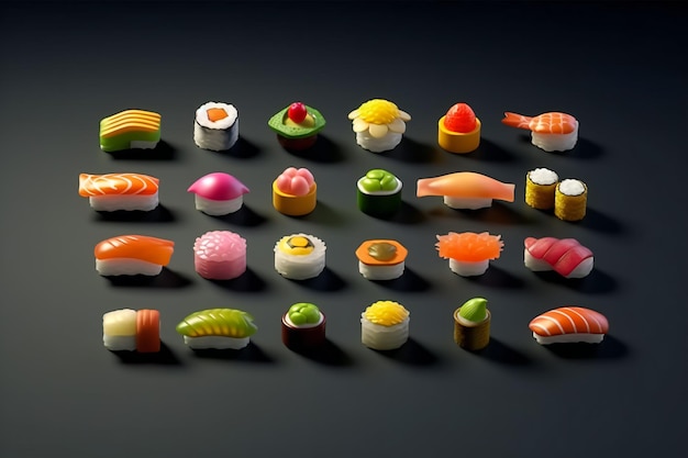 Genießen Sie Sushi. Lebhaftes 3D-Icon-Set mit farbenfrohen Sushi-Köstlichkeiten, gerendert mit Octane Render