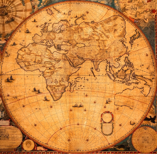 Génova Italia 8 de agosto de 2023 Palacio Spinola Auténtico mapa antiguo muestra el mundo conocido por los europeos a mediados del siglo XVII Exploración geografía fondo vintage