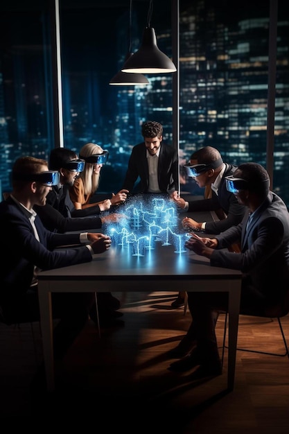 La gente en 3D usa gafas de realidad virtual están sentados en una mesa con la palabra tecnología en ella