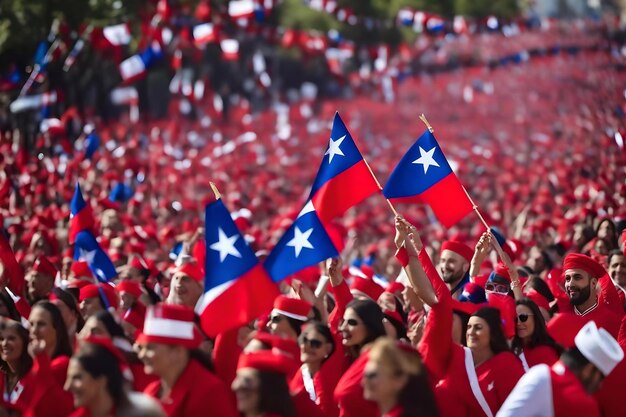 Foto la gente agita banderas y anima a la gente.