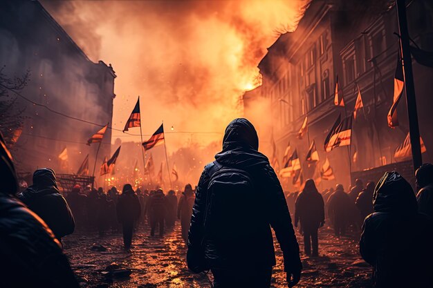 Foto gente agitando banderas ucranianas en una manifestación por la paz