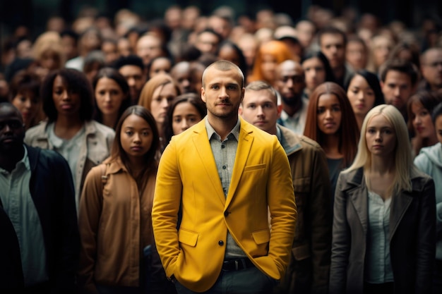 La gente se agolpa en las calles de la ciudad en hora punta El hombre con chaqueta amarilla se destaca del grupo de personas