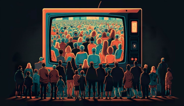 Foto la gente se agolpa viendo televisión, propaganda de adicción a la televisión y concepto de noticias falsas