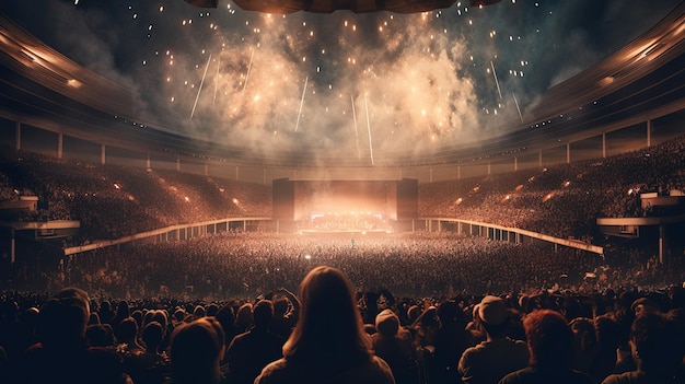 La gente de AI generativa se agolpa en el concierto del festival de música rock en el gran escenario del estadio iluminado por focos