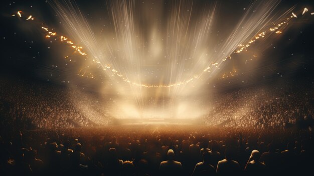 La gente de AI generativa se agolpa en el concierto del festival de música rock en el gran escenario del estadio iluminado por focos