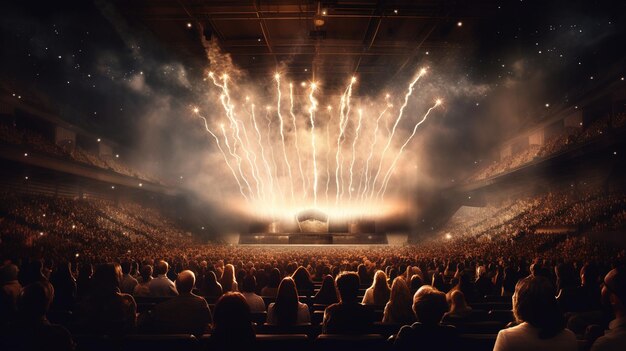 La gente de AI generativa se agolpa en el concierto del festival de música rock en el gran escenario del estadio iluminado por focos