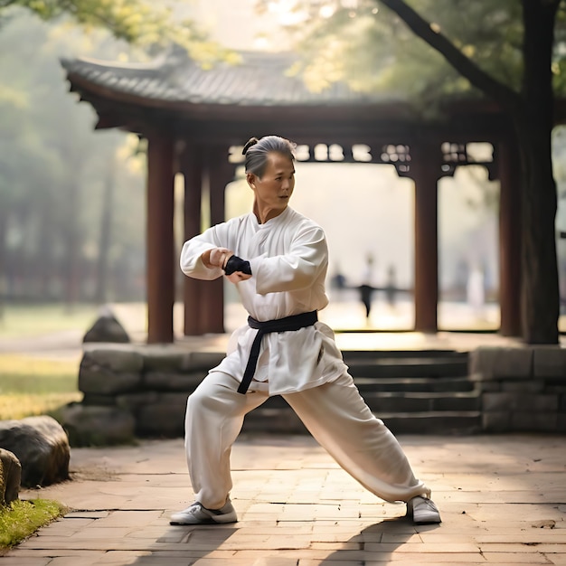 Gente al aire libre en la naturaleza entrenando para el taekwondo